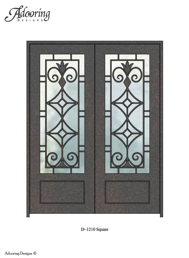 Square top single iron door with large window and complex pattern