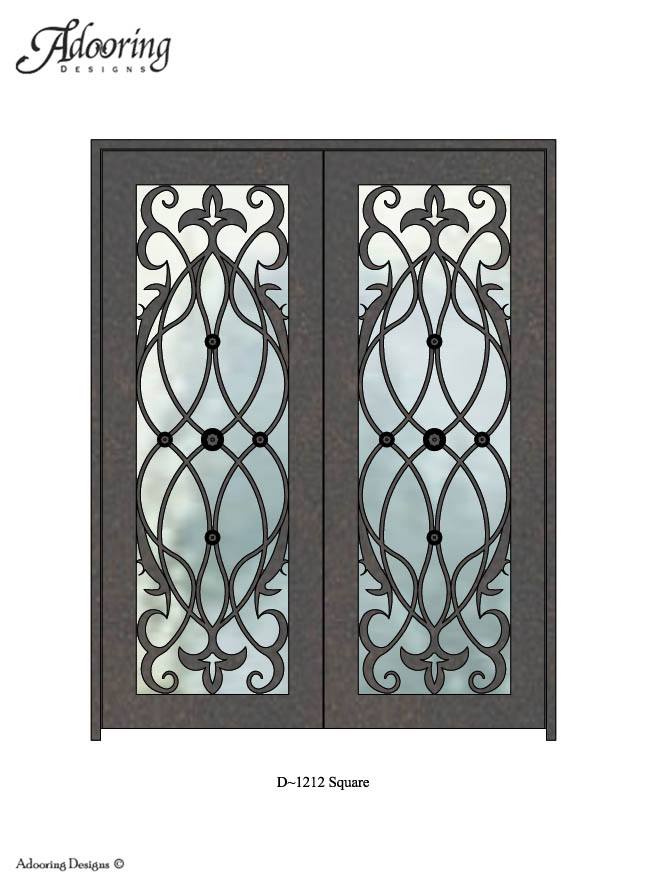 Double doors with square top and custom ironwork pattern