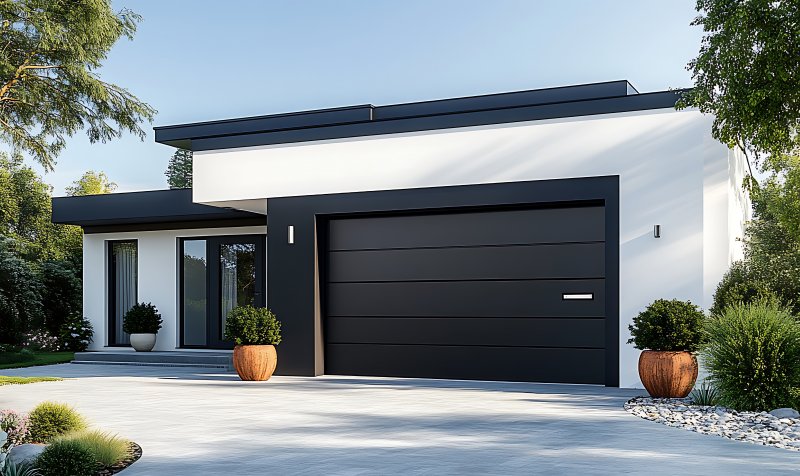 a modern home with a black garage door
